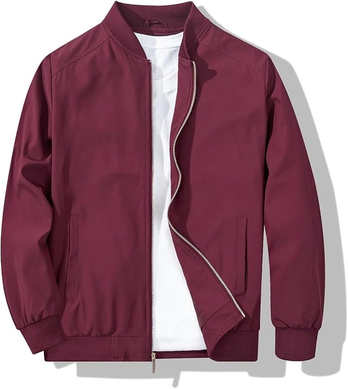 Men’s Classic Burgundy Bomber Jacket with Zip Closure