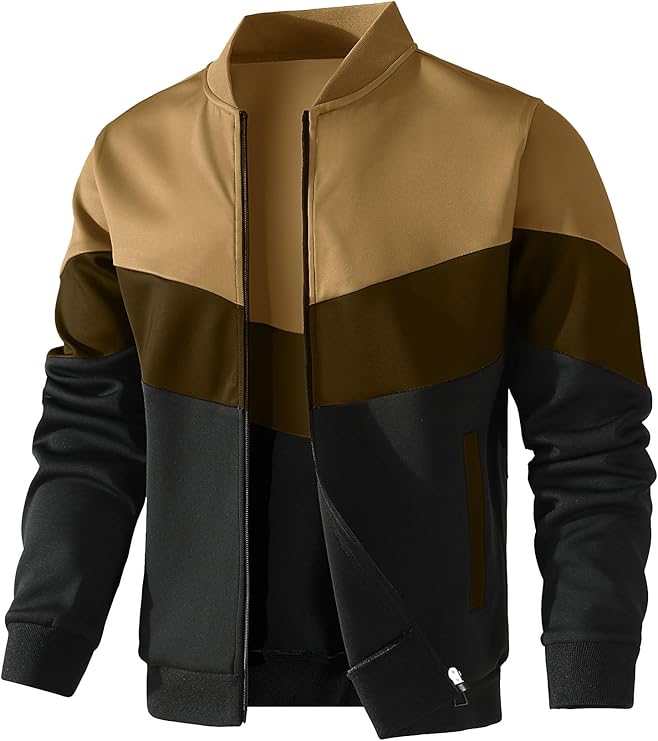 Men’s Color-Block Zip-Up Bomber Jacket in Camel, Olive & Black